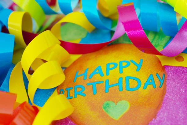 Close up of birthday present with colorful gift ribbons